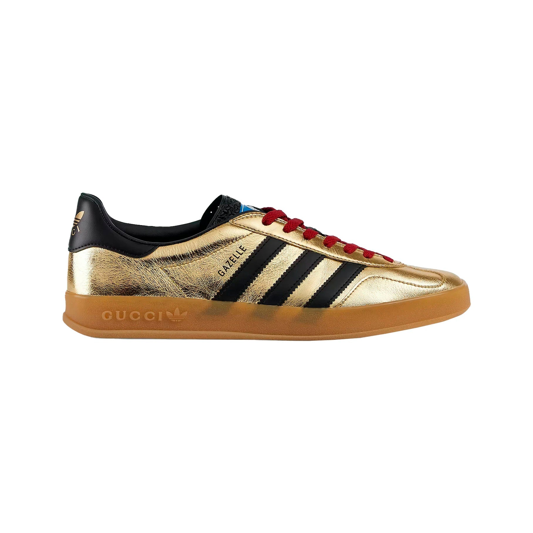 Sneakers Adidas Gazelle x Gucci Oro Metallizzato con Dettagli Neri e Rossi
