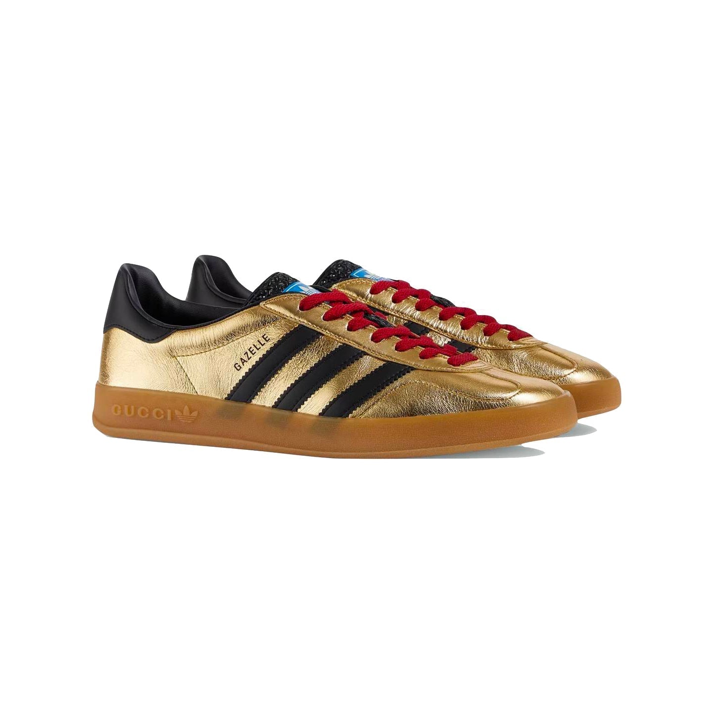 Sneakers Adidas Gazelle x Gucci Oro Metallizzato con Dettagli Neri e Rossi